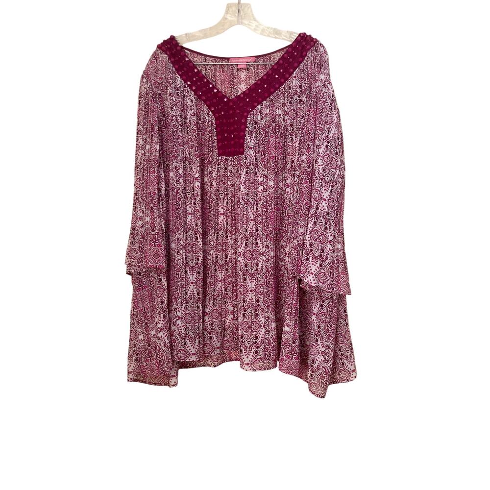 Woman Within Women's Top Size 3XL Purple Pink Floral Accordion Pleated